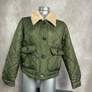 White Birch Olive Quilted Puffer Jacket with Faux Fur Collar